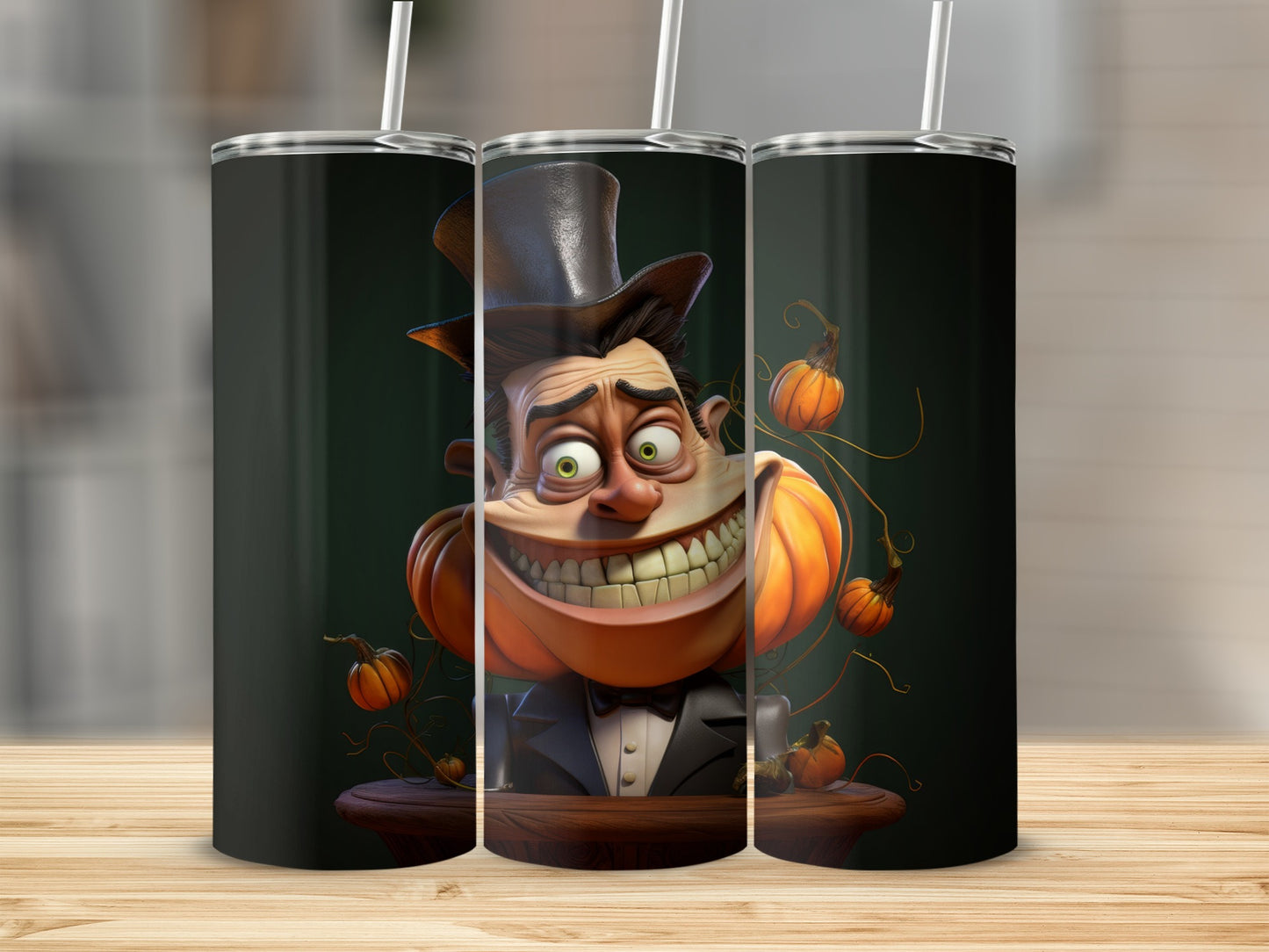 Three tumblers featuring a grinning cartoon character with pumpkins for cheeks and a top hat.