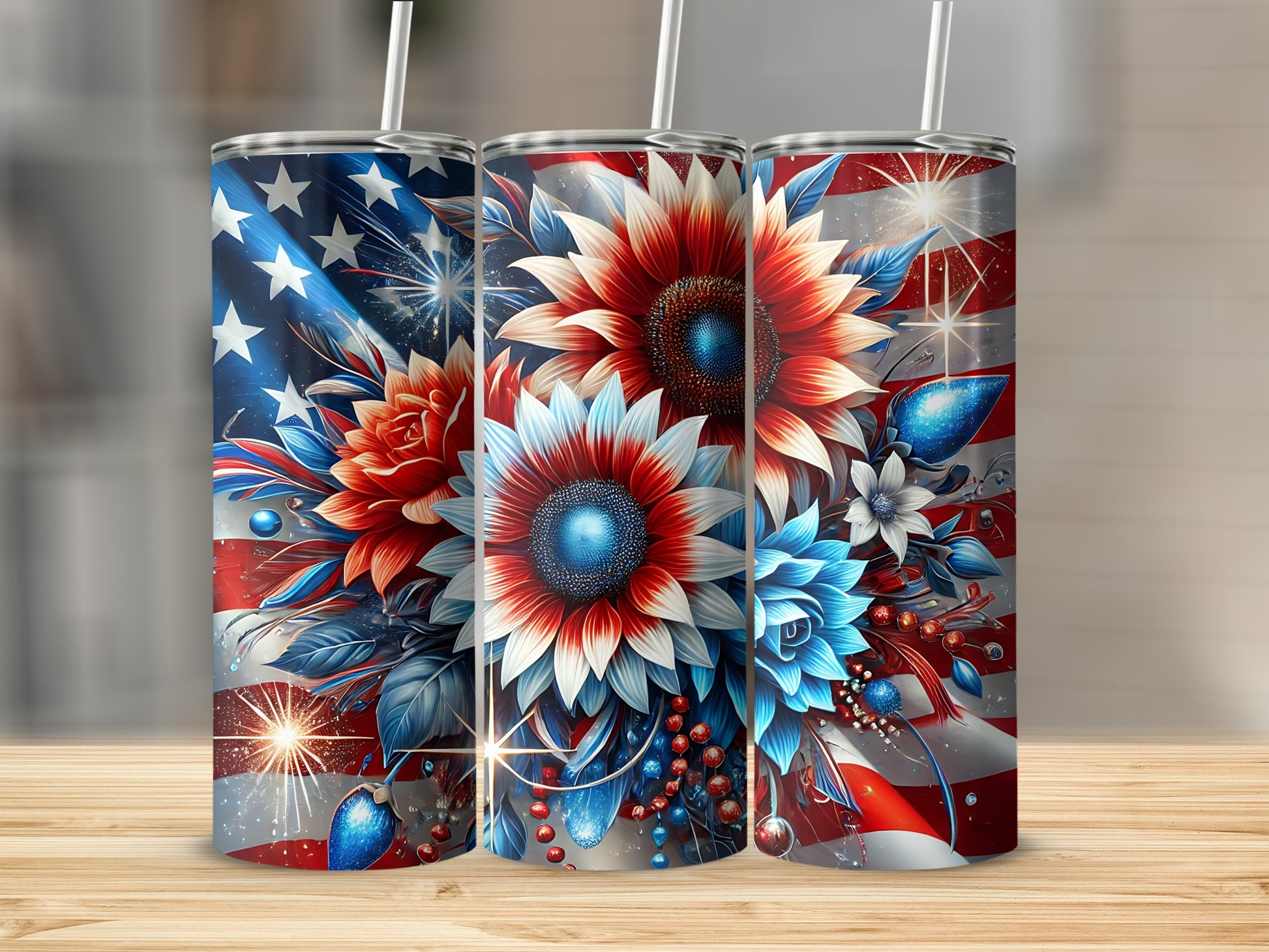 Tumbler with patriotic floral design and fireworks.