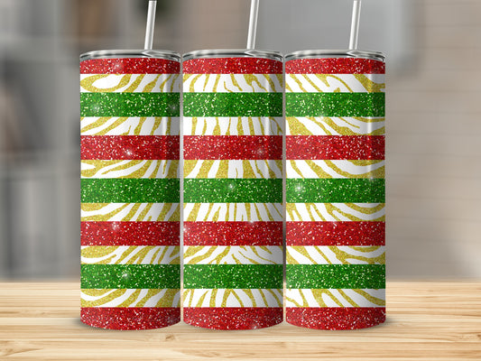 Three tumblers with red, green, and gold glitter stripe pattern.