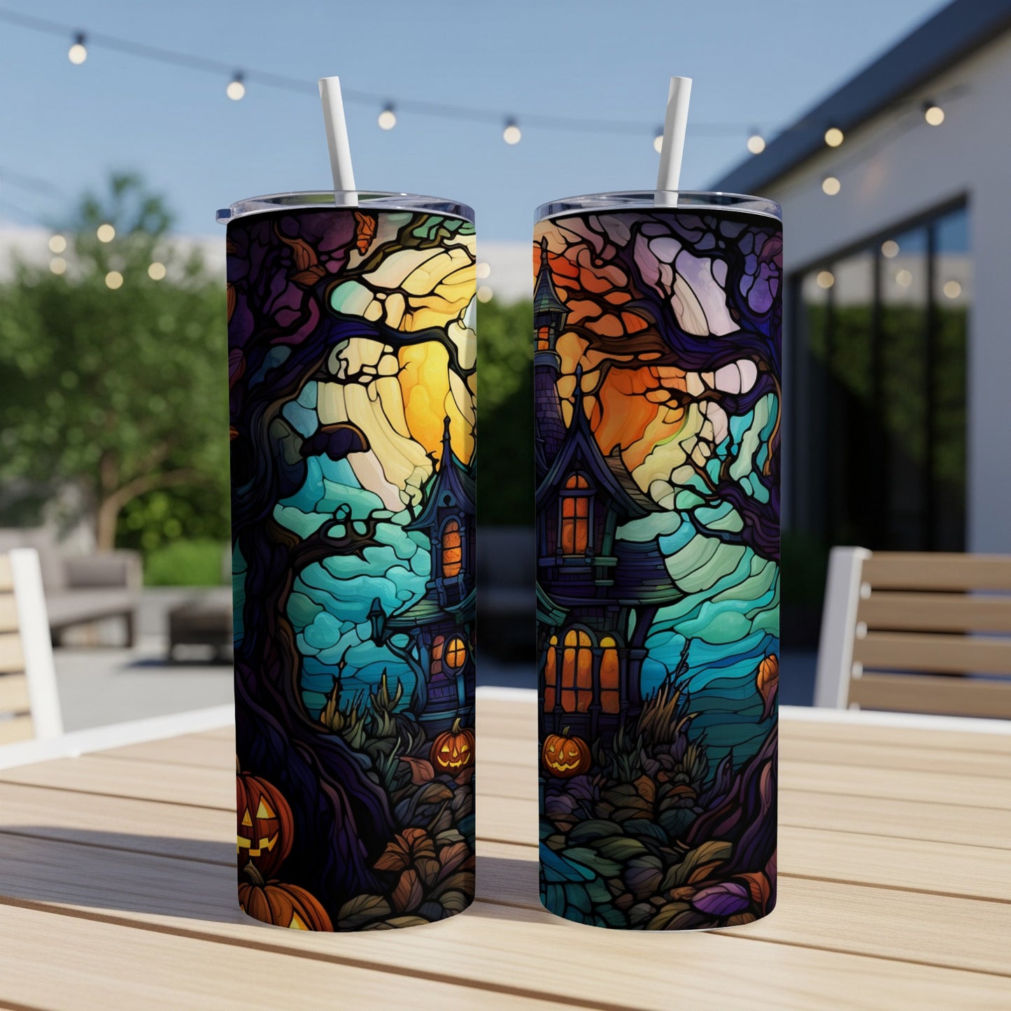 Two Halloween-themed tumblers with haunted house and pumpkin designs.