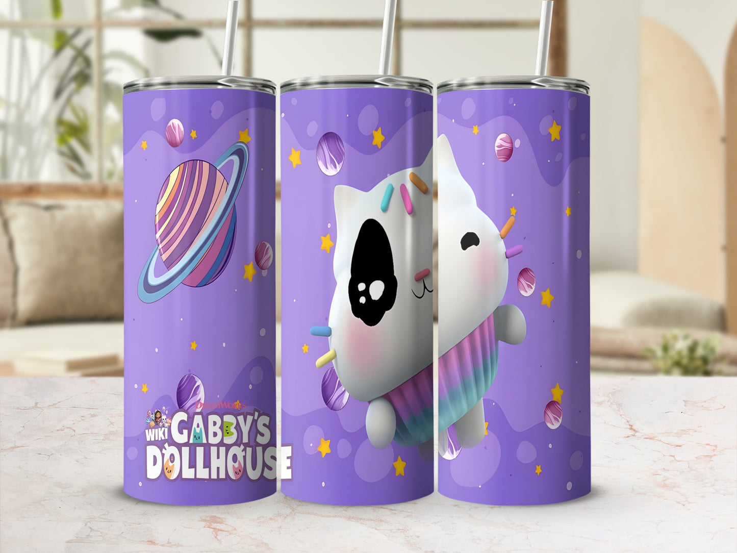 Gabby's Dollhouse tumbler with cat and planets design.