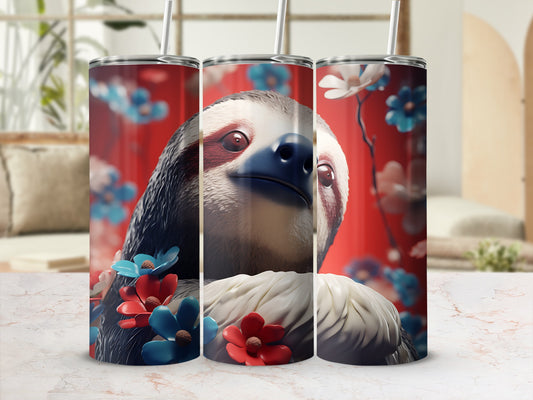 Three tumblers with a sloth and floral design on a marble surface.