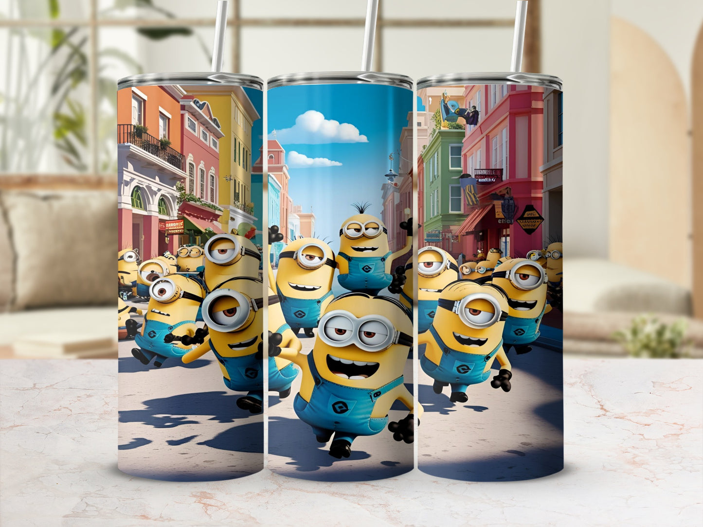 Minions running down a colorful street, illustrated.