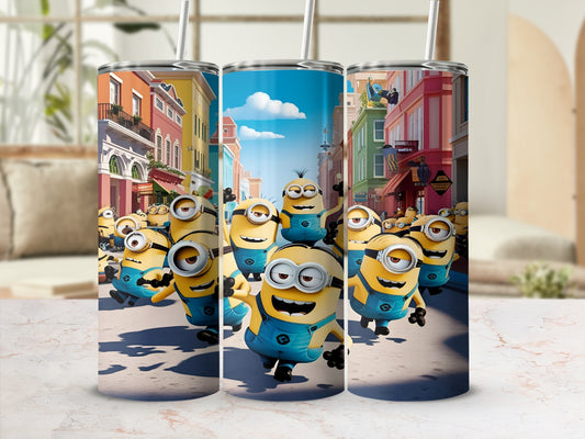 Minions running down a colorful street, illustrated.