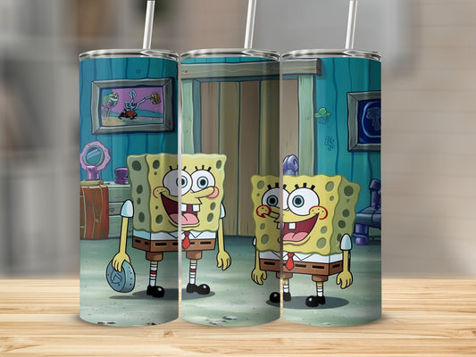 SpongeBob SquarePants on three tumblers with cartoon background.