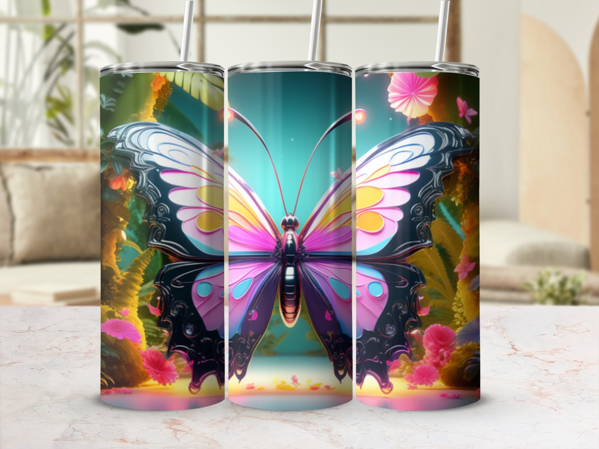 Pink and yellow butterfly tumbler with floral accents on a marbled surface.