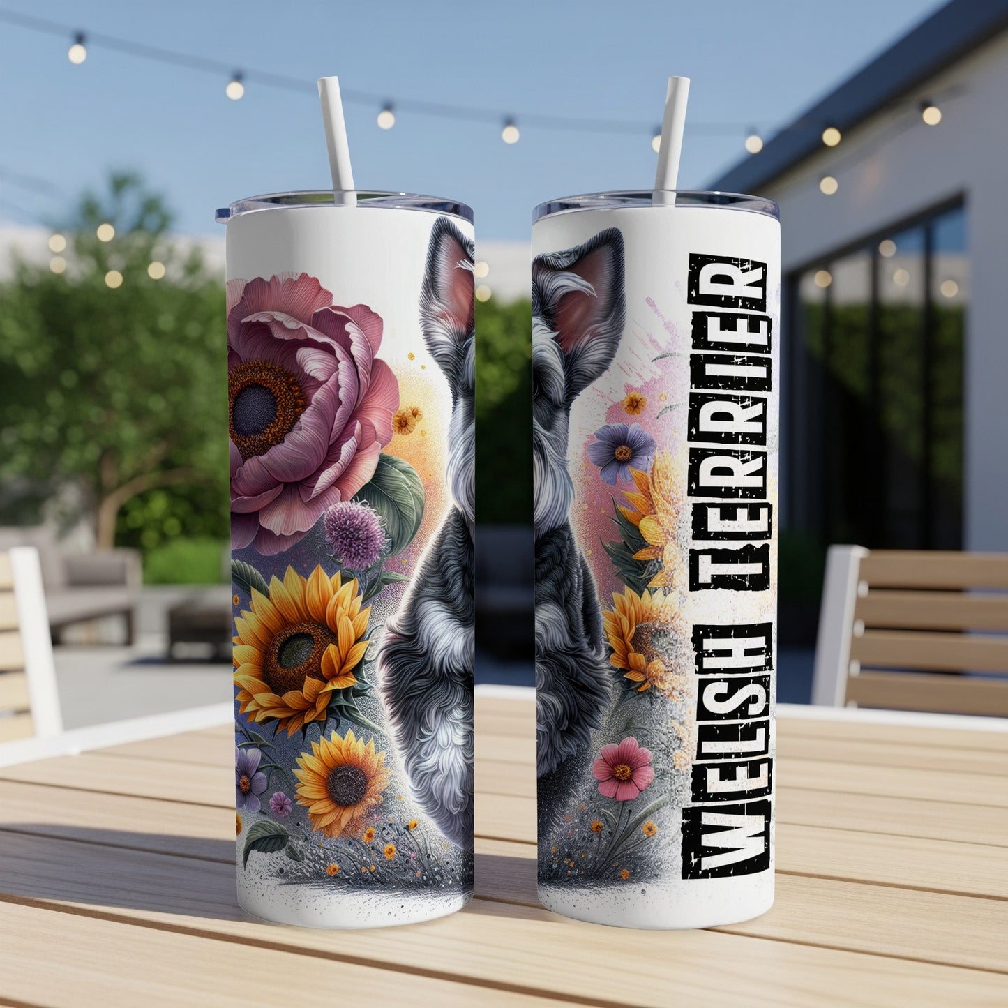 Two tumblers with a Welsh Terrier design featuring floral accents.