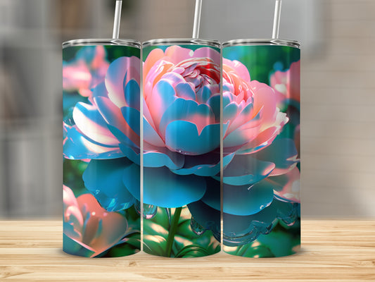 Three tumblers feature a close-up of a pink and blue peony with water droplets.