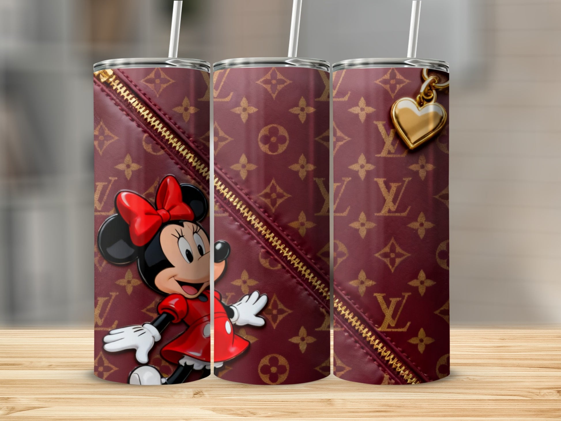 Minnie Mouse on a LV monogram tumbler with gold zipper and heart charm.