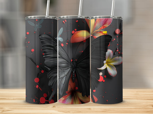 Black butterfly and floral design on a dark grey tumbler.
