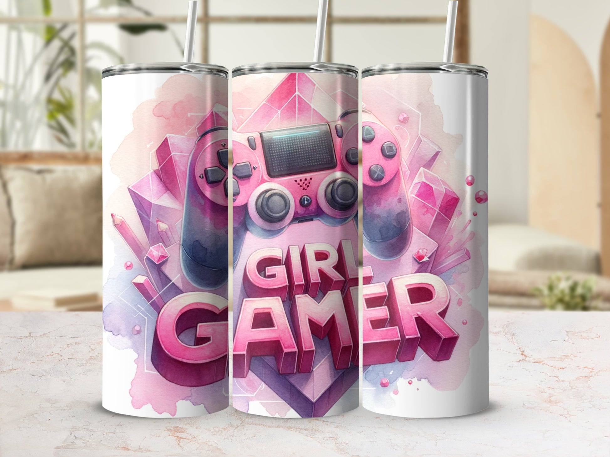 Pink gaming controller with "Girl Gamer" text on a tumbler.