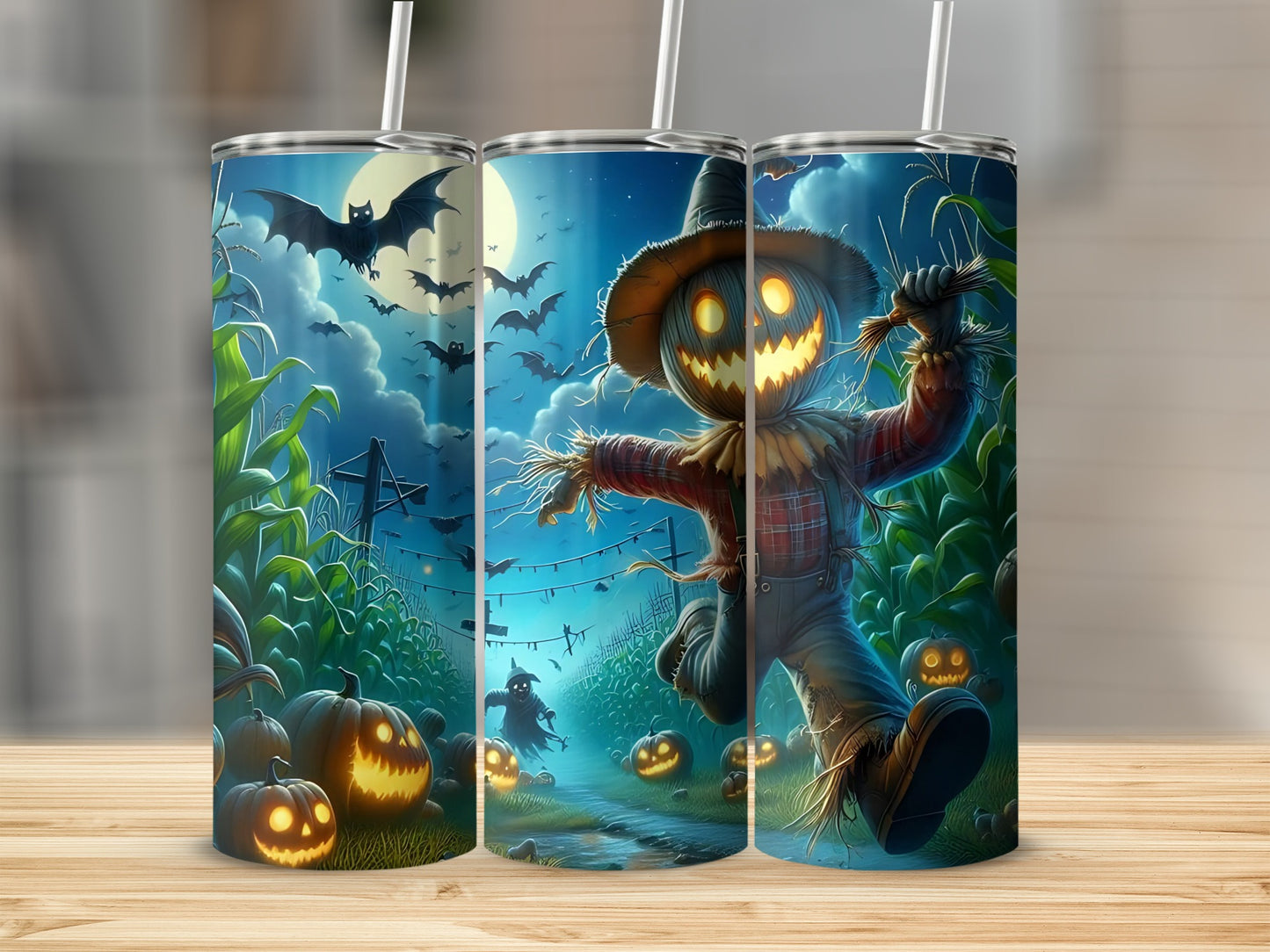 Halloween scarecrow with pumpkins, bats, and a cornfield under a full moon.