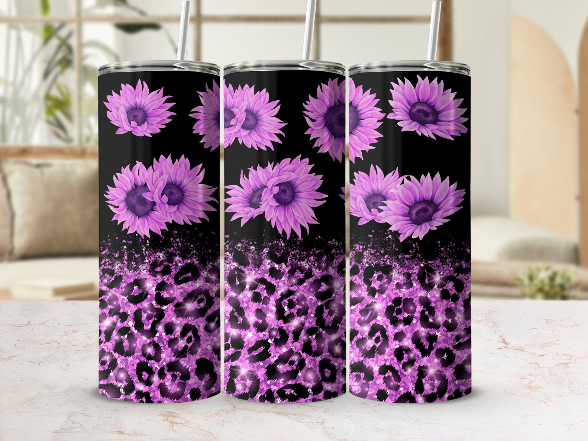 Tumbler with purple sunflowers and pink leopard print glitter design.