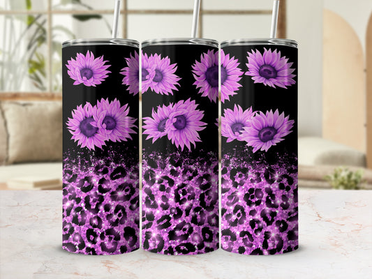 Tumbler with purple sunflowers and pink leopard print glitter design.