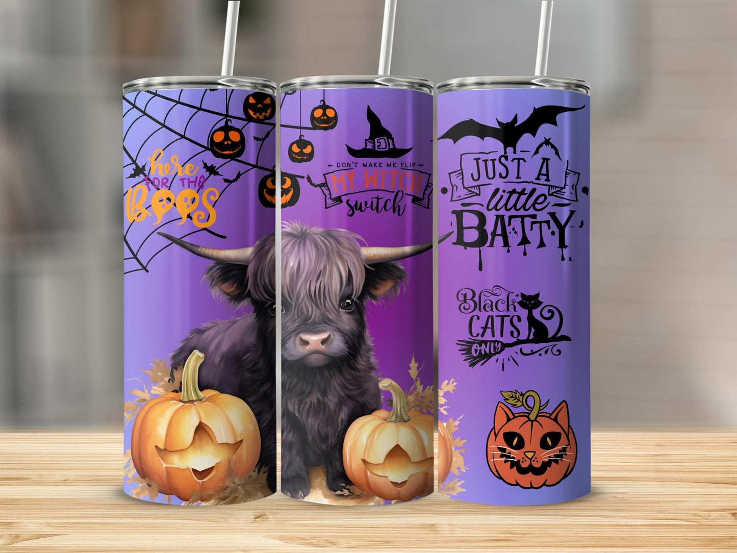 Halloween-Themed Purple Tumblers with Cute Designs