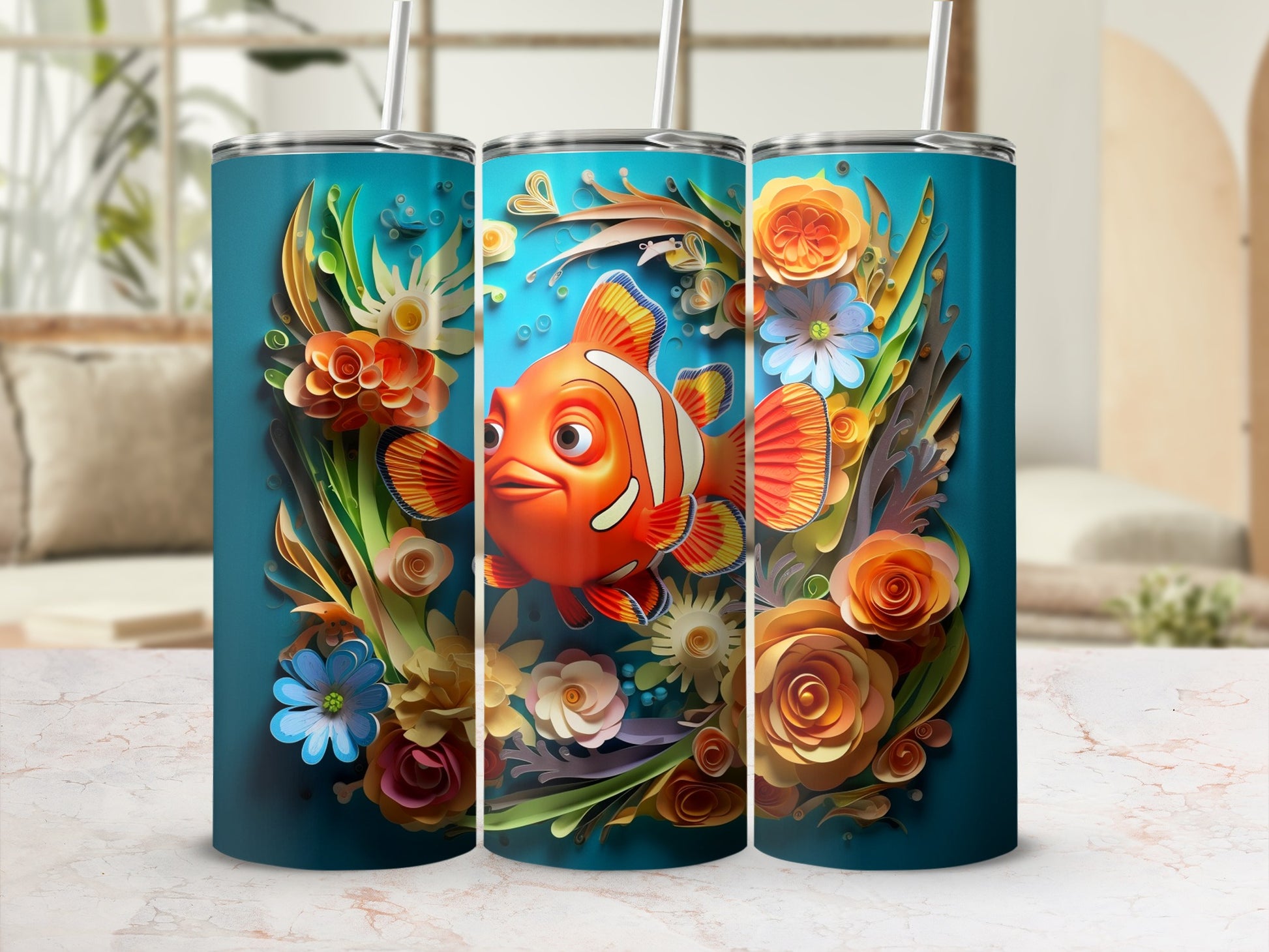 Vibrant Clown Fish and Floral Design Tumbler