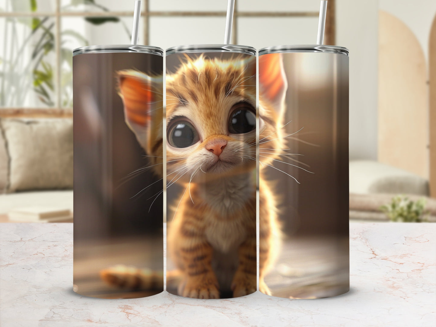 Three tumblers featuring a cute, wide-eyed orange tabby kitten with straws.