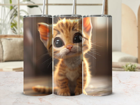 Three tumblers featuring a cute, wide-eyed orange tabby kitten with straws.