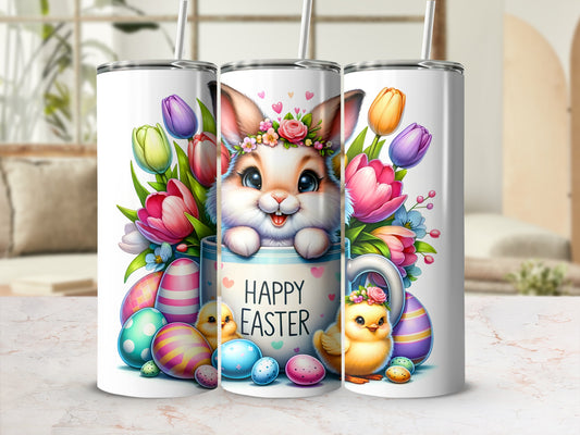 Happy Easter bunny in mug with tulips, chicks, and colorful eggs.