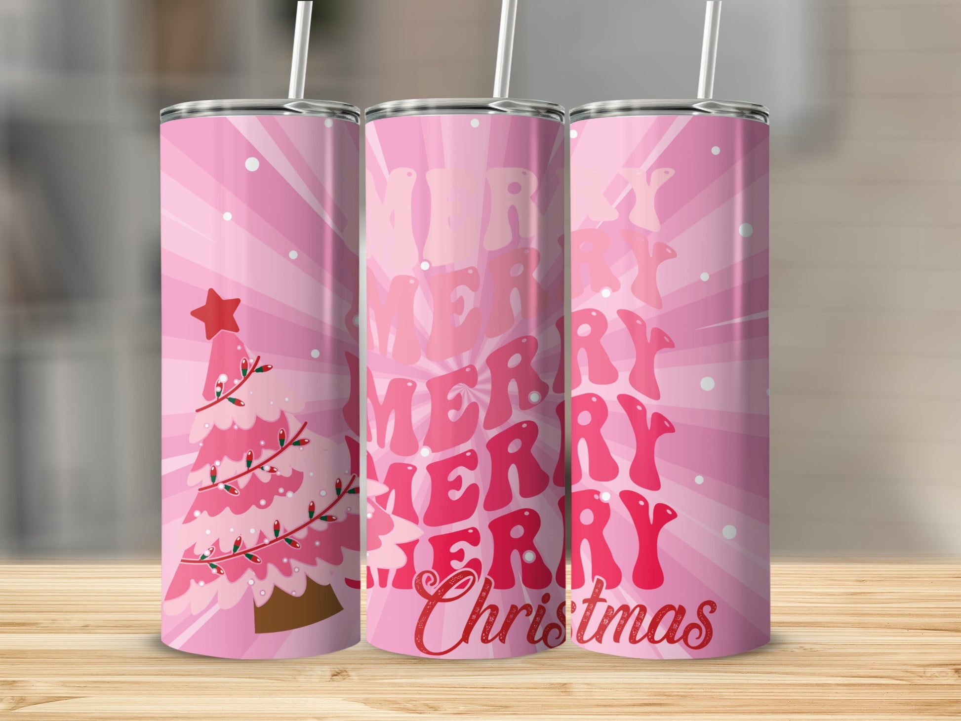 Pink Merry Christmas Tumbler With Straw Holiday Gift