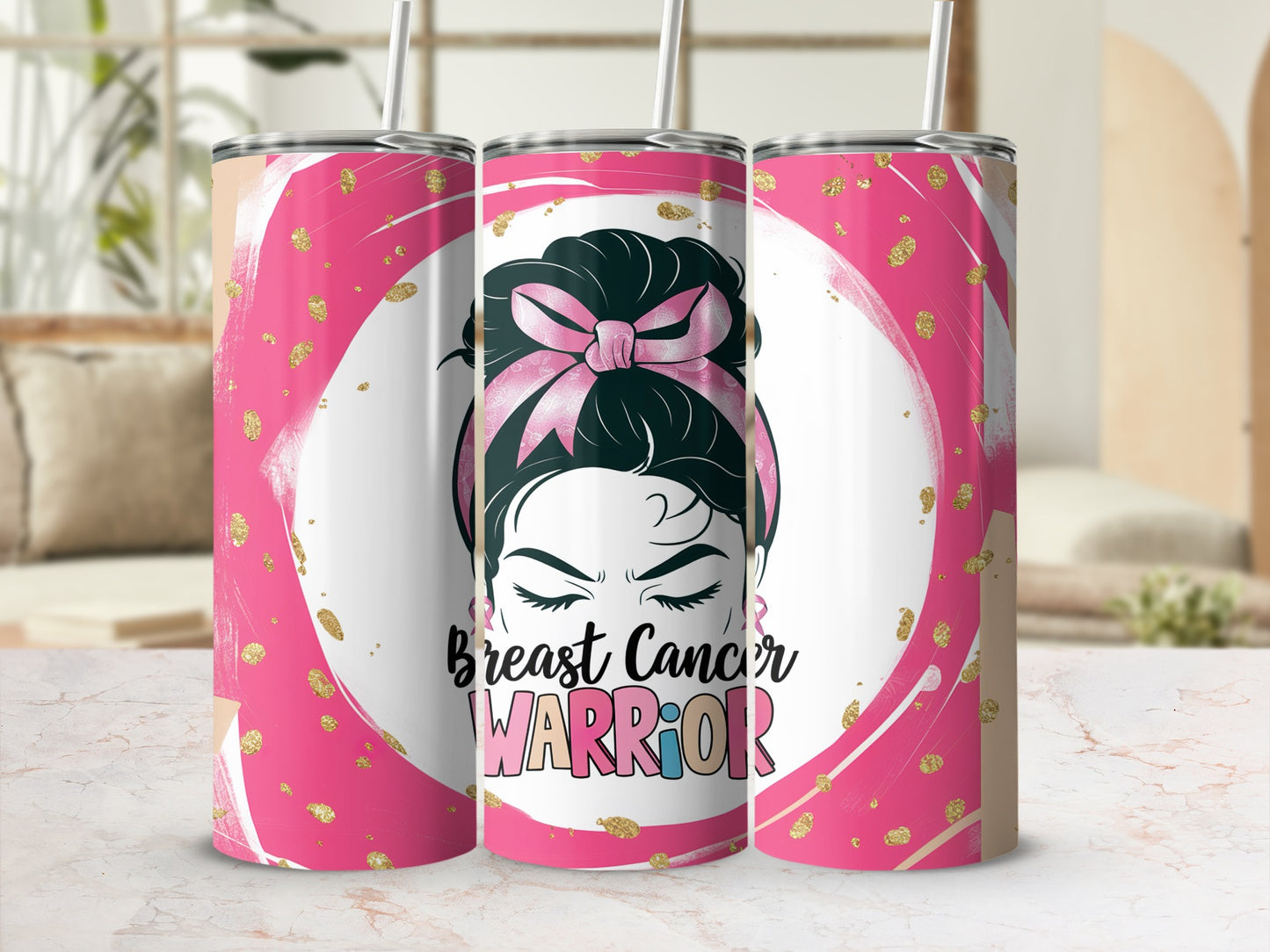 Pink and gold speckled tumbler with a warrior woman's face and text.