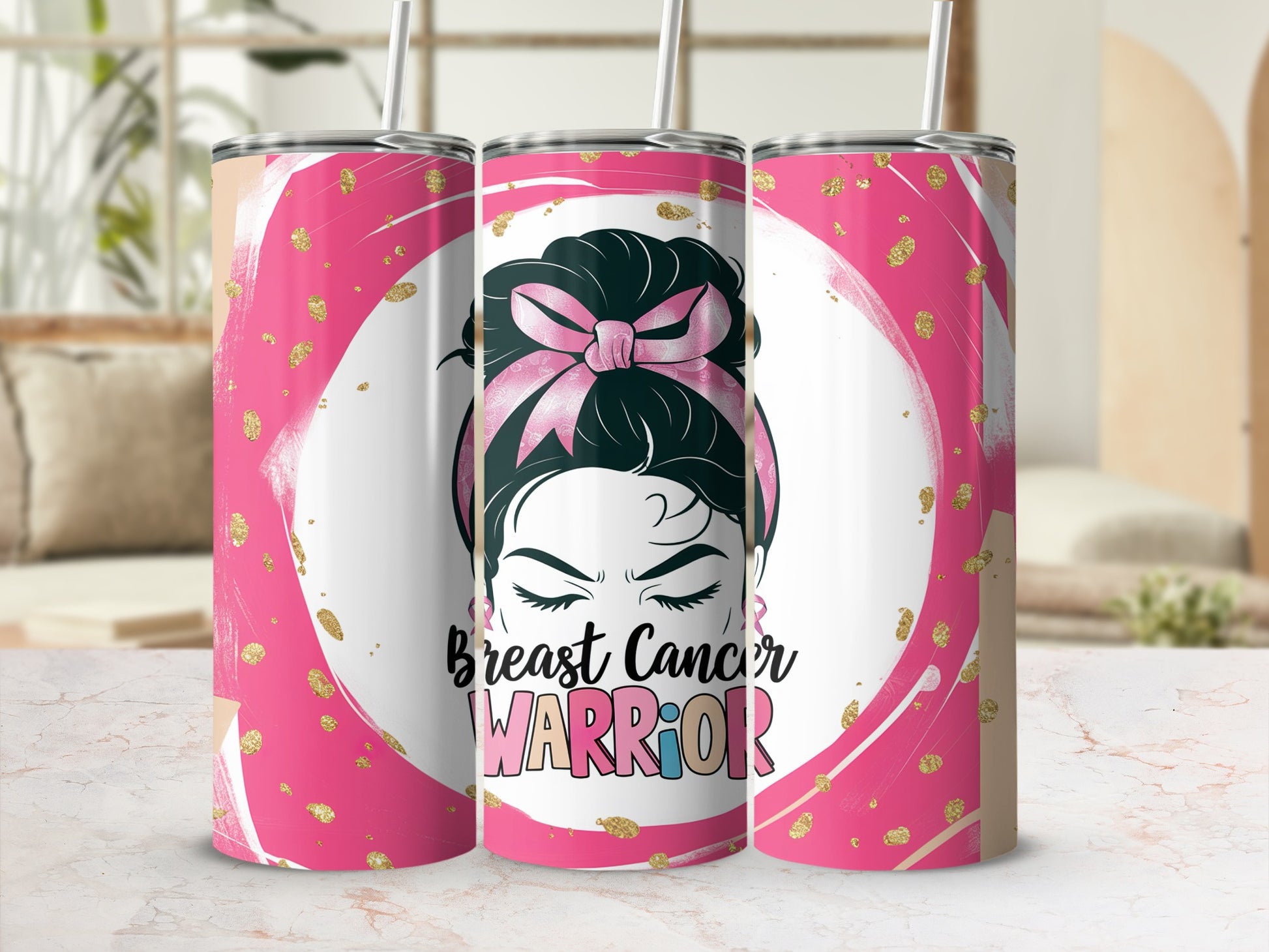 Pink and gold speckled tumbler with a warrior woman's face and text.