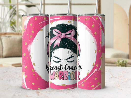 Pink and gold speckled tumbler with a warrior woman's face and text.