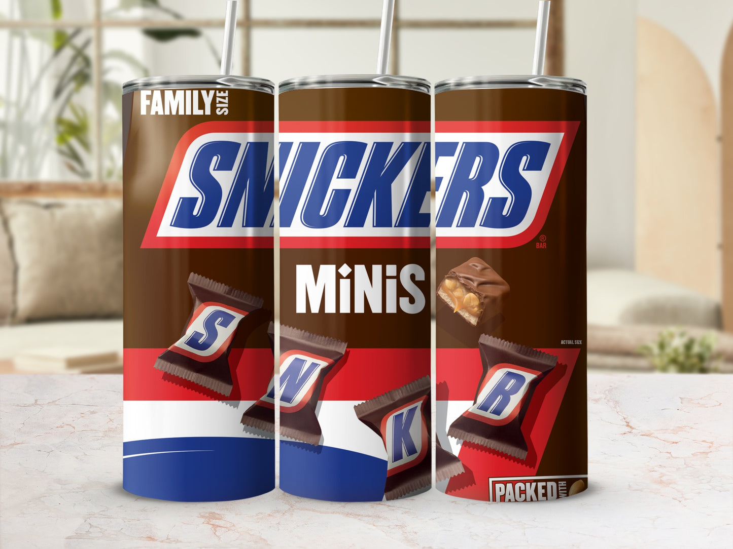Snickers Minis Family Size brown red white blue tumbler product type