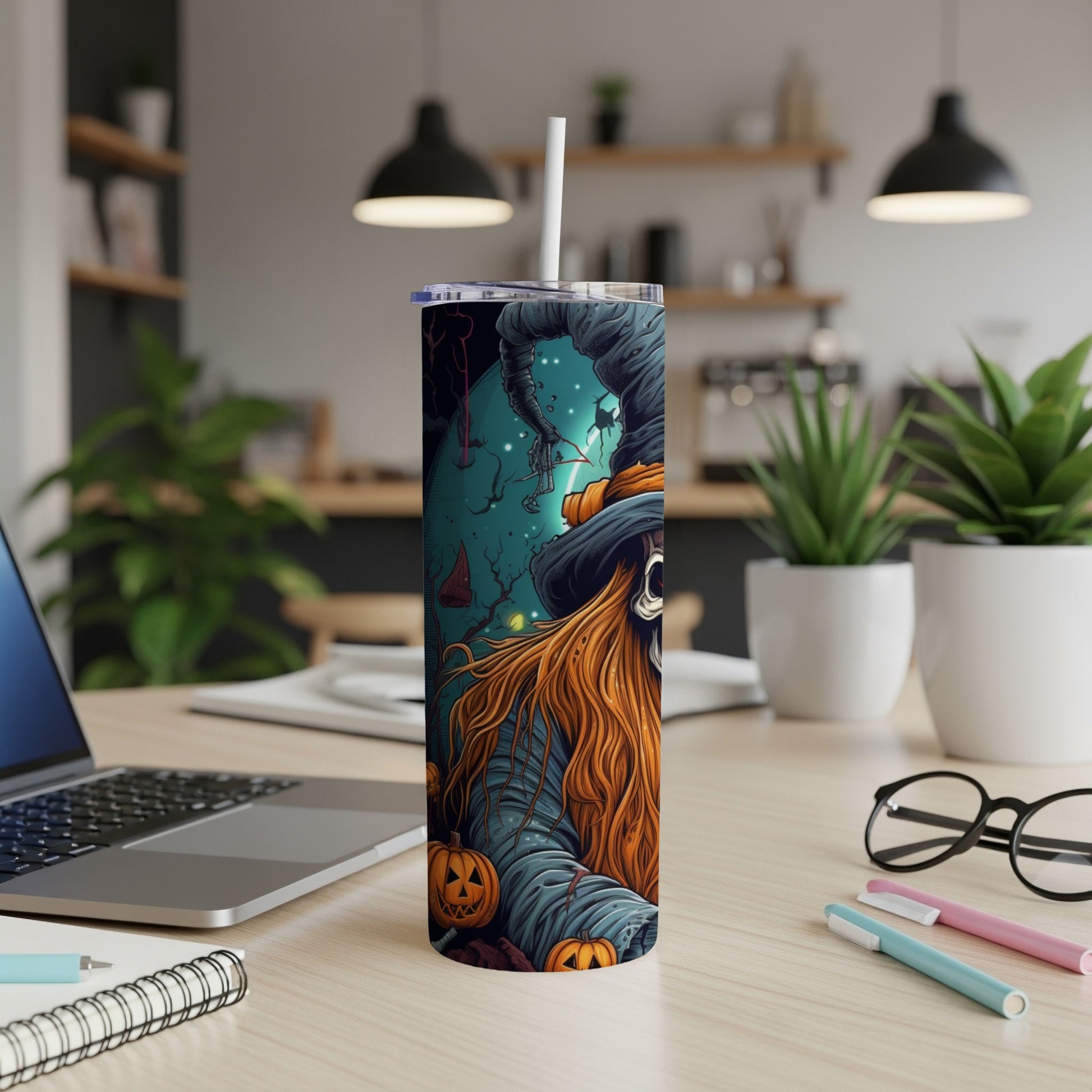 Tumbler with a Halloween witch illustration featuring pumpkins and a spooky background.