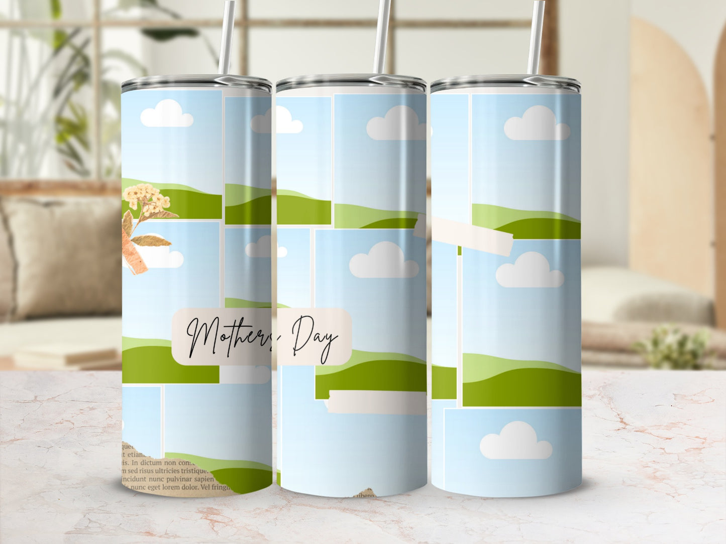 Three tumblers with a collage design featuring "Mother's Day" text and a floral accent.