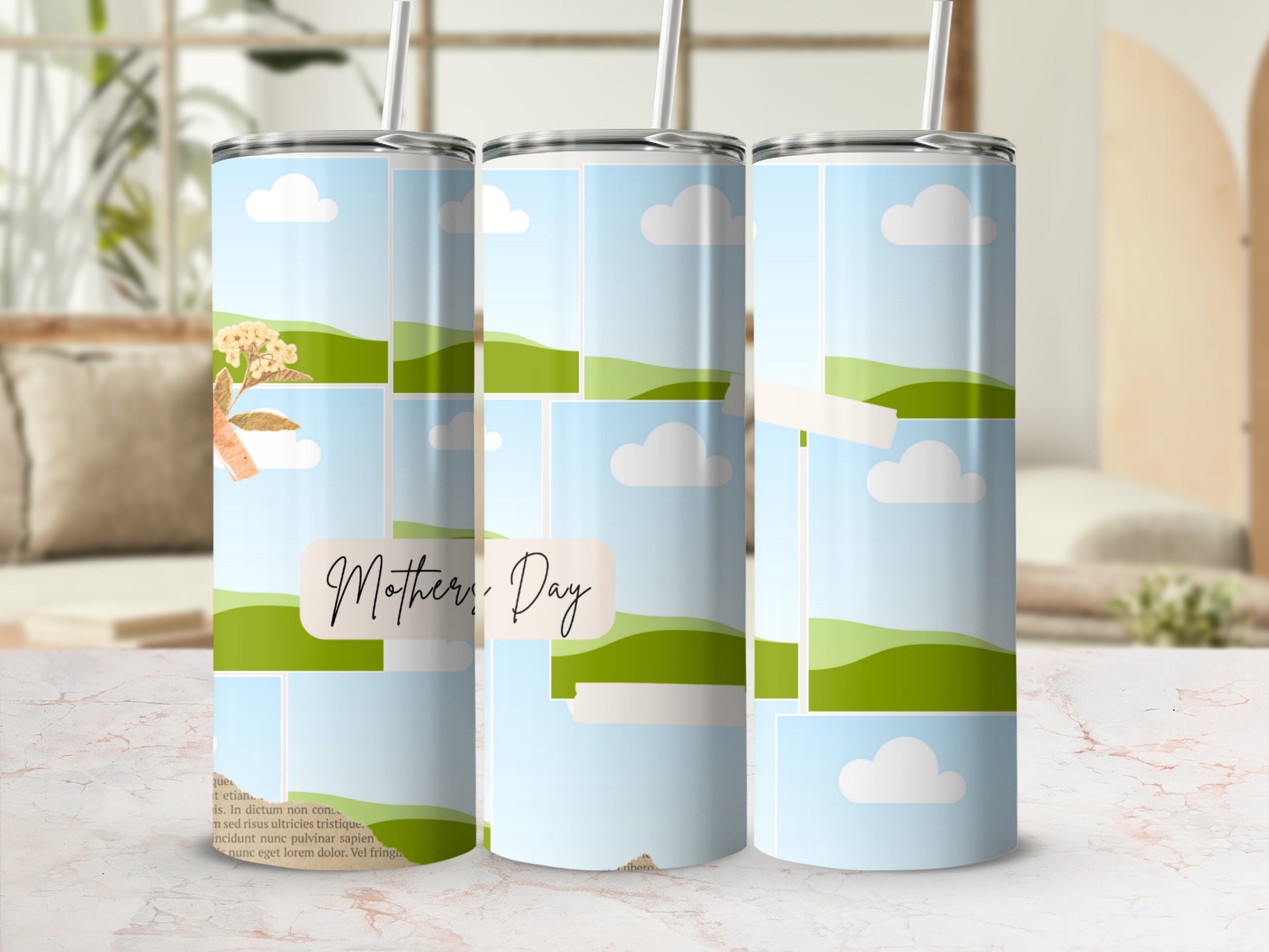 Three tumblers with a collage design featuring "Mother's Day" text and a floral accent.