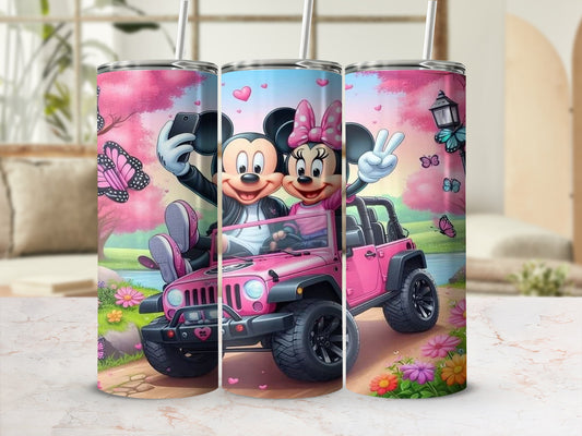 Cute Cartoon Couple in Pink Car Art Insulated Tumbler