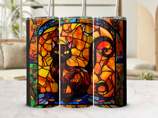 Three stained glass tumblers with a black cat design.