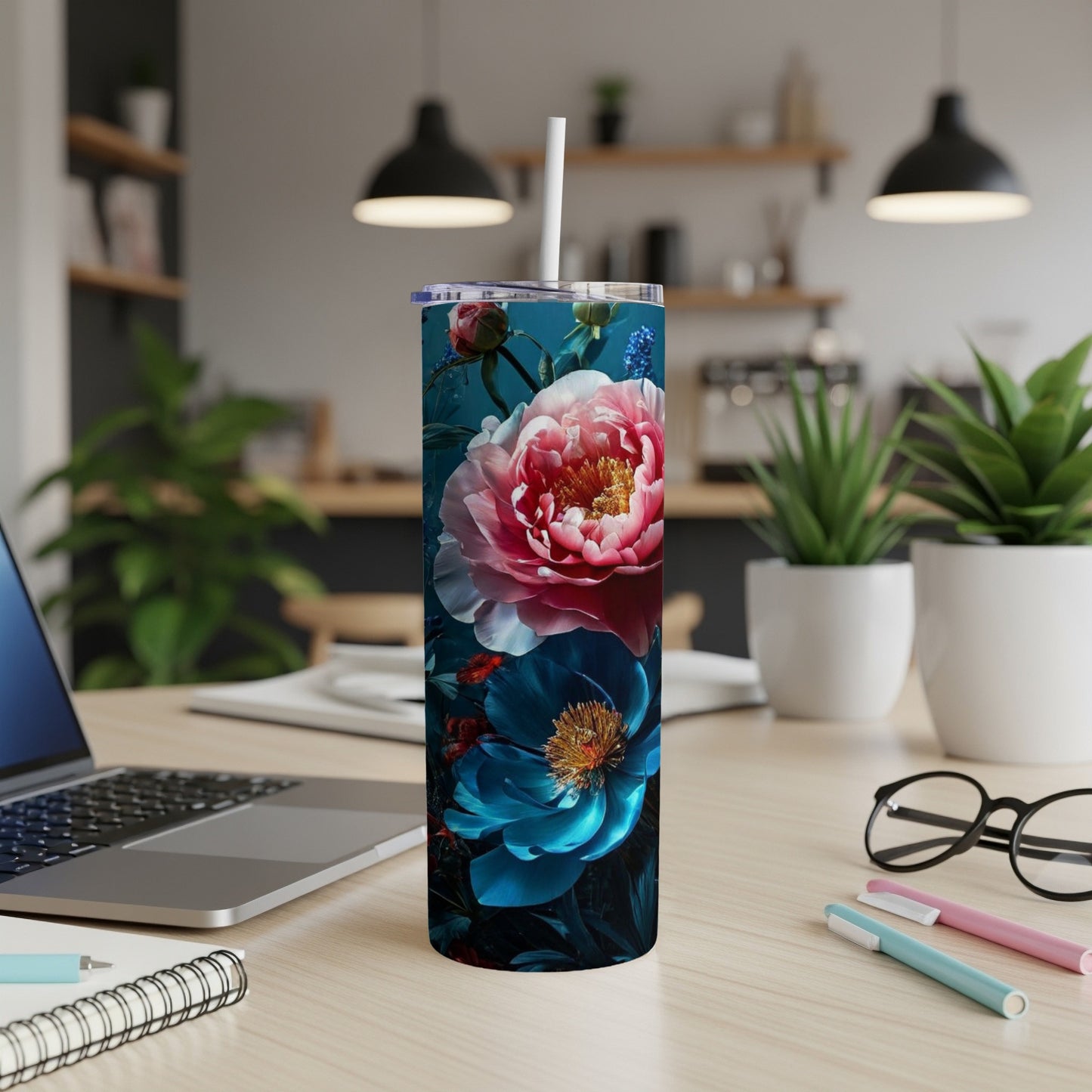 Floral pattern tumbler with large pink and blue peonies.