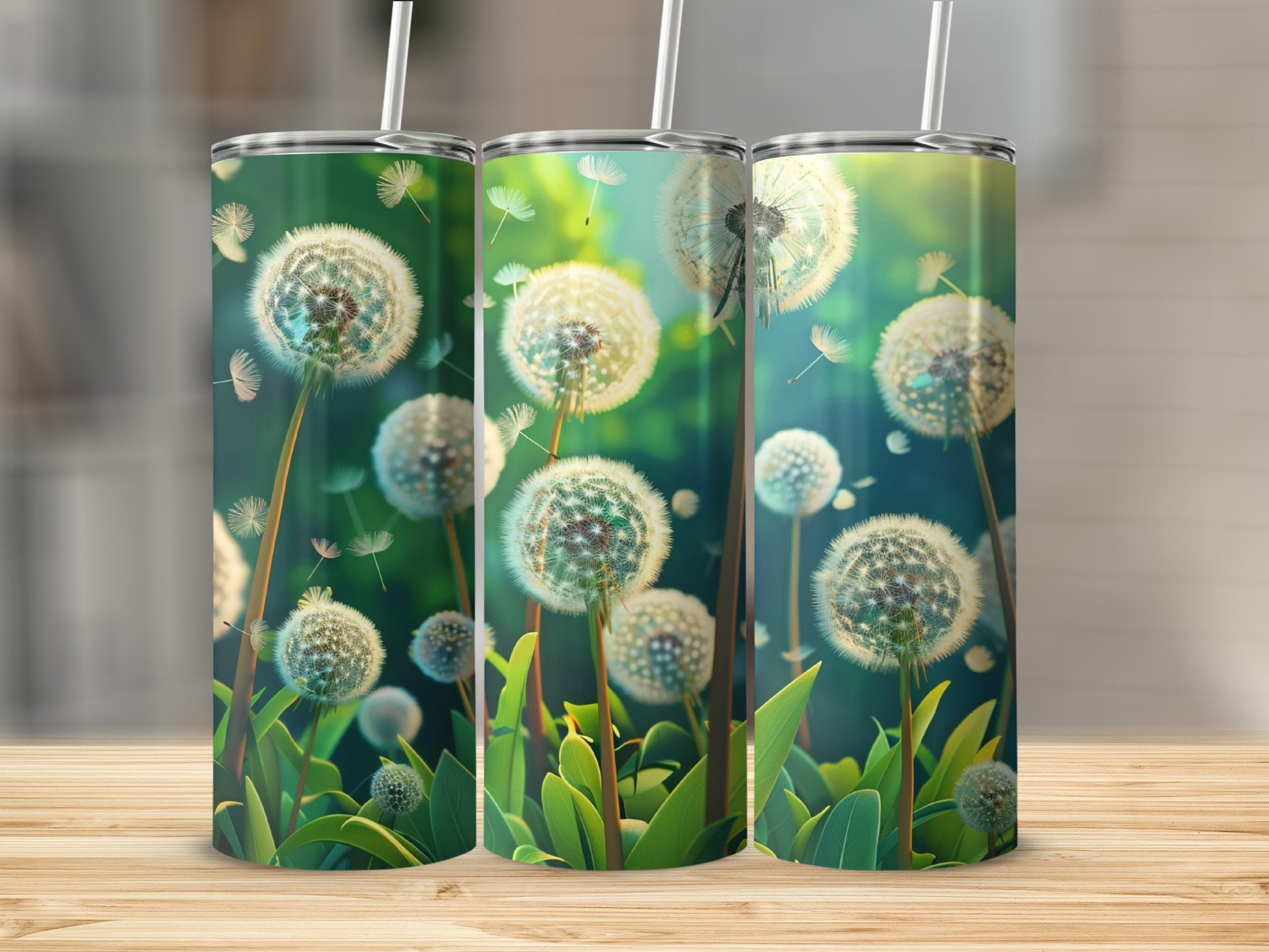 Three tumblers with dandelion seed heads and green leaves design.