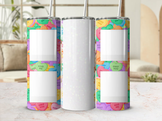 White tumbler with colorful Valentine's Day sentiments and blank squares for personalization.