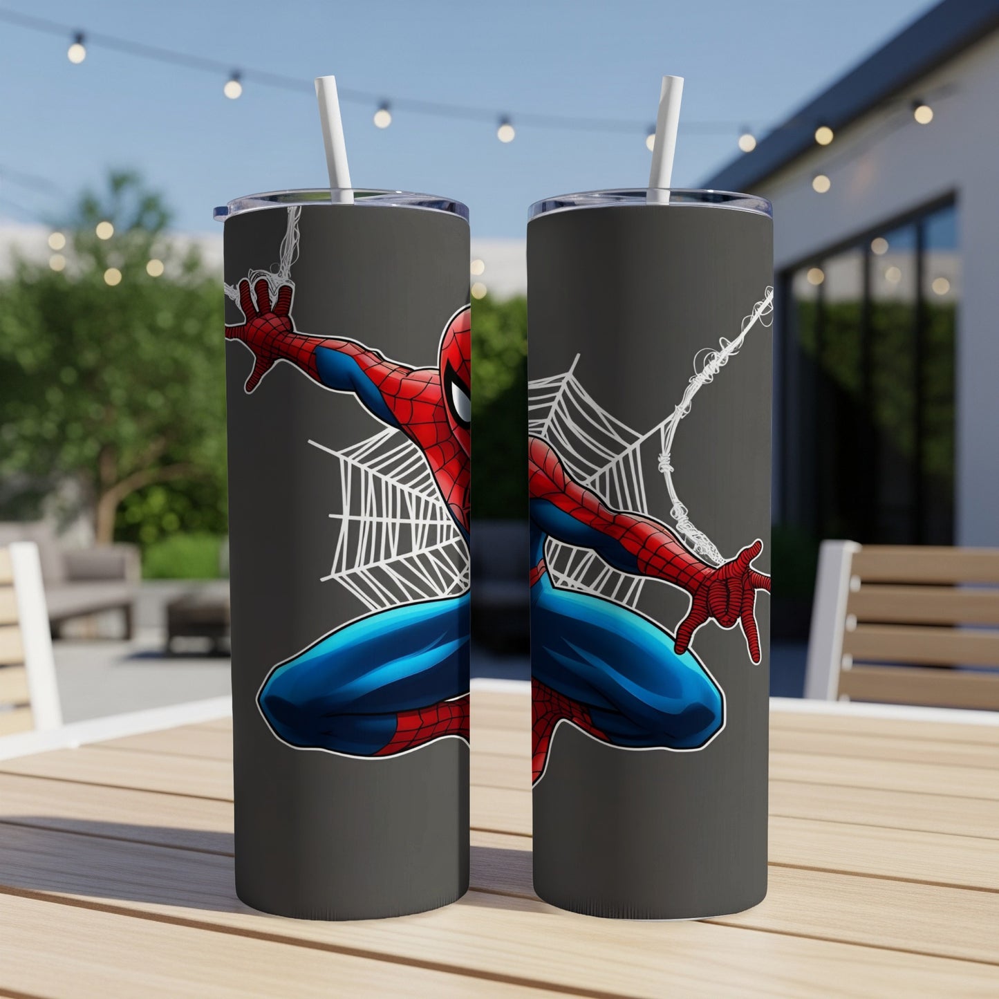 Spider-Man on a gray tumbler with web accents.