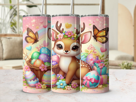 Deer with Easter eggs and butterflies, surrounded by gifts.