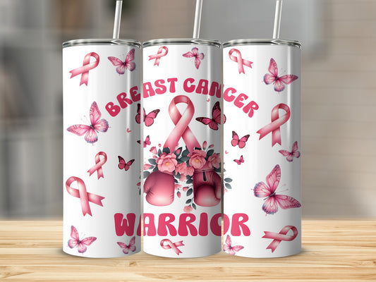 Breast Cancer Warrior tumbler with pink ribbons and butterflies.