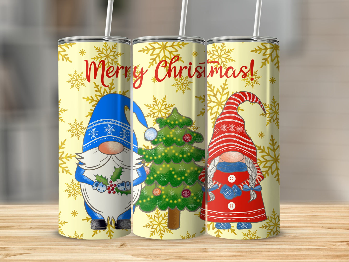 Three tumblers with gnomes and a Christmas tree, saying "Merry Christmas!"