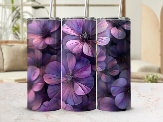 Three tumblers with purple floral pattern on a marble countertop.