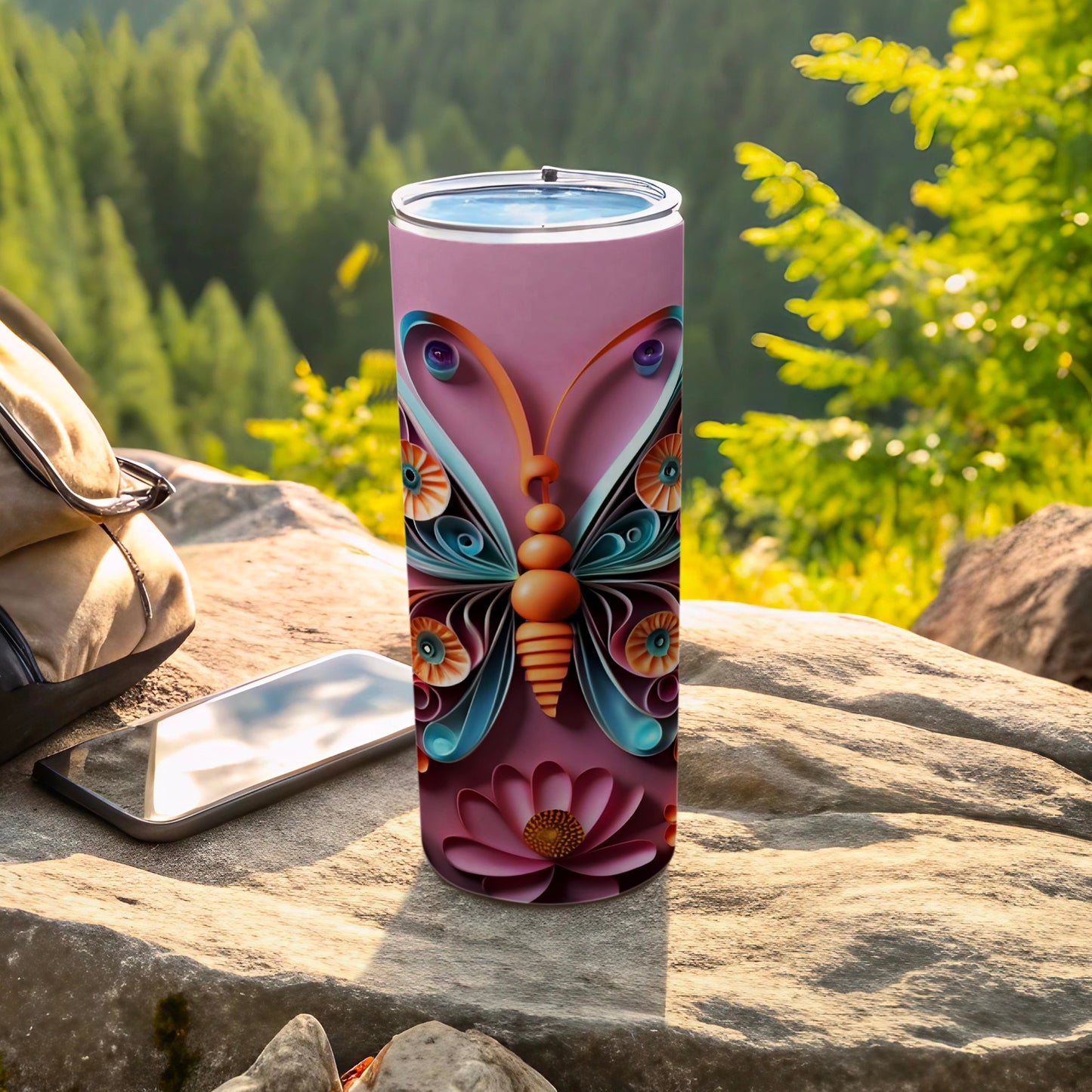 Vibrant Butterfly Artwork Tumbler with Lid for Outdoor Use
