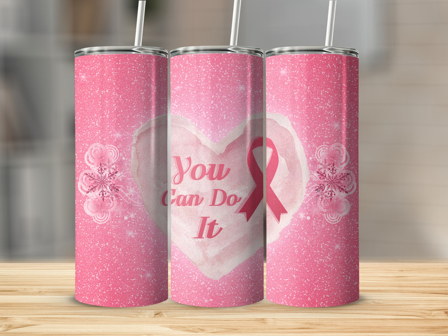 Pink glitter tumbler with "You Can Do It" and ribbon on heart design.