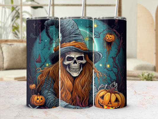 Three tumblers feature a spooky witch skeleton with pumpkins and a moonlit forest.