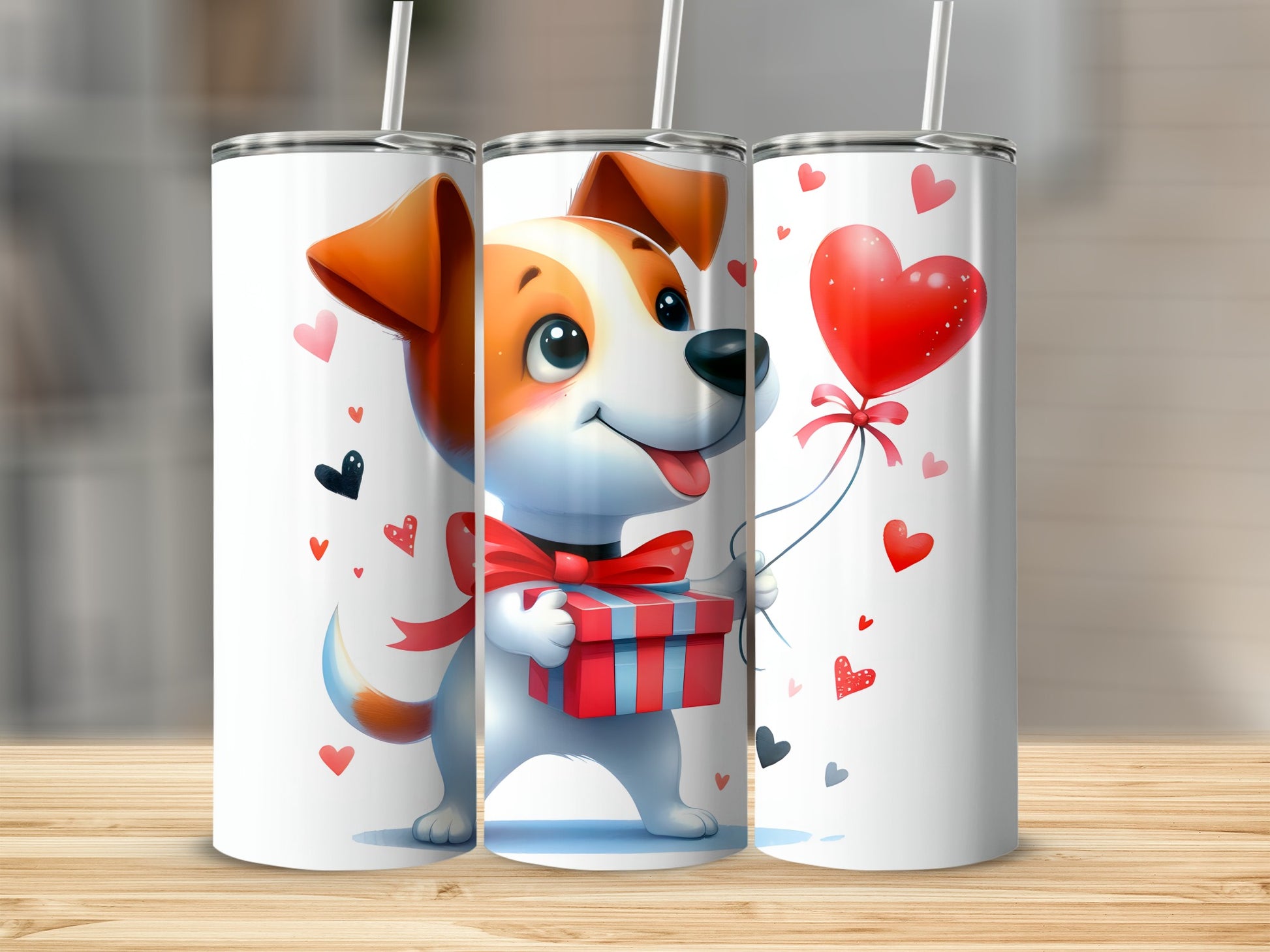 Jack Russell terrier with heart balloon and gift, Valentine's Day design.