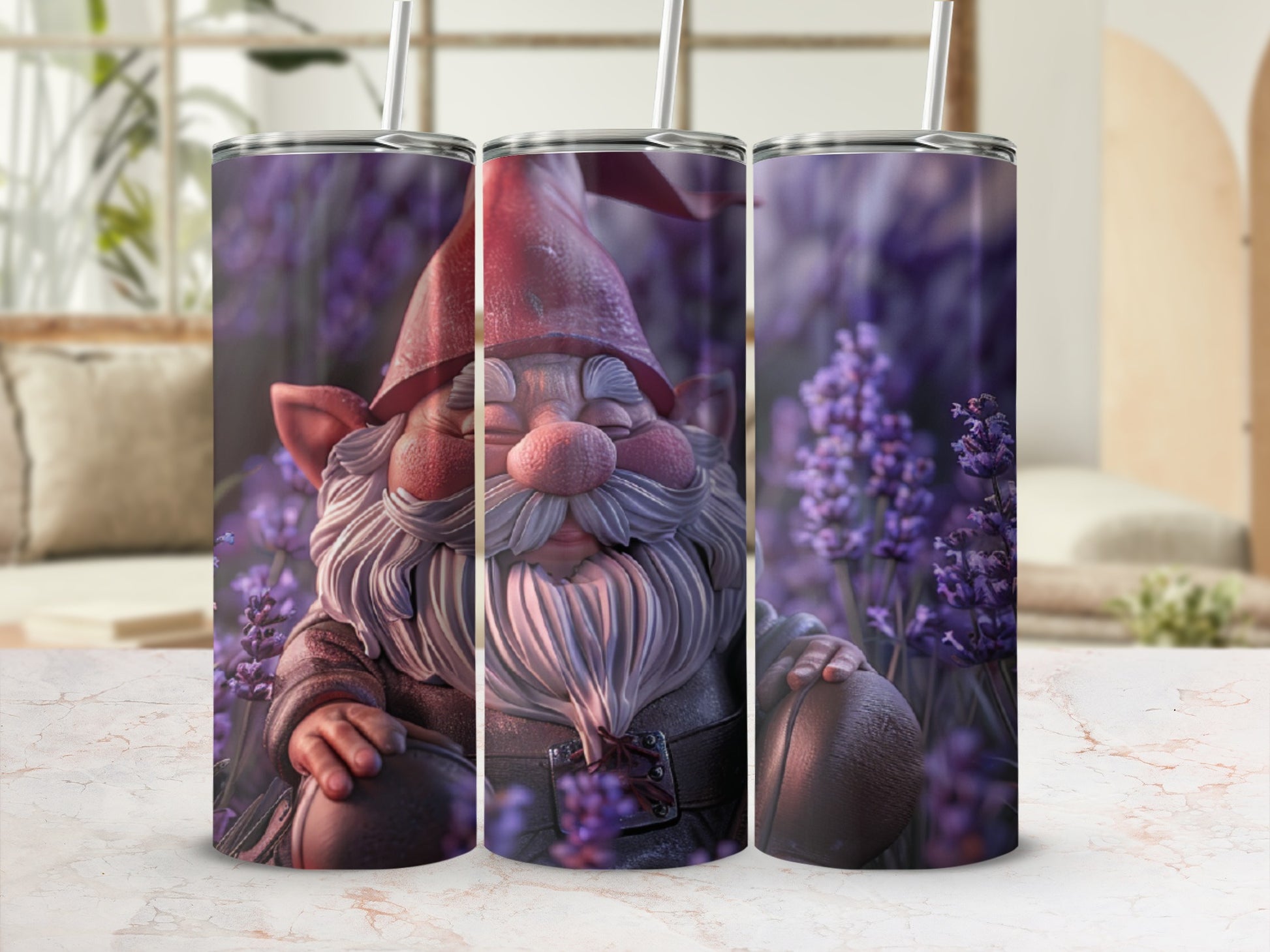 Gnome with closed eyes in a lavender field, on a tumbler.