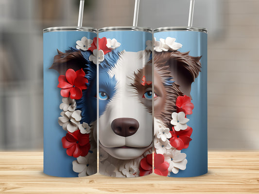 Border collie face with patriotic red, white, and blue floral accents.