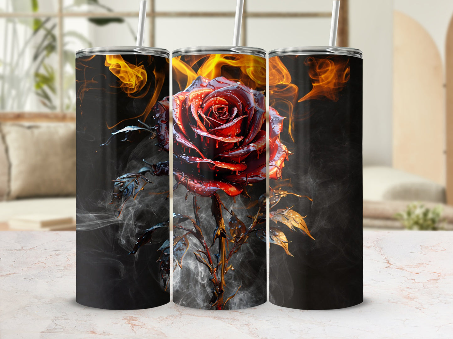 Fiery Rose Art on Black Background Tumbler Product