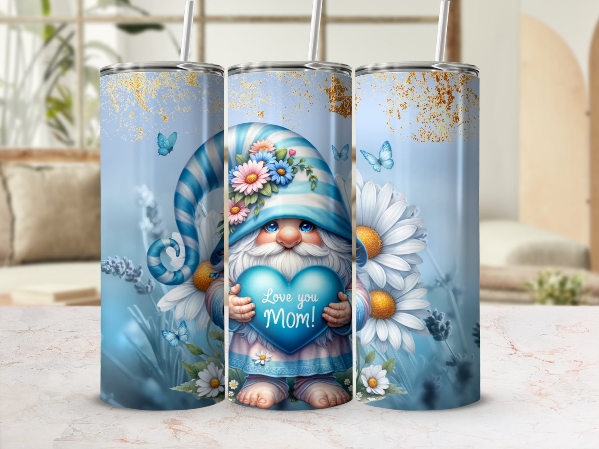 Cute Gnome Holding Heart Love You Mom Tumbler Cup