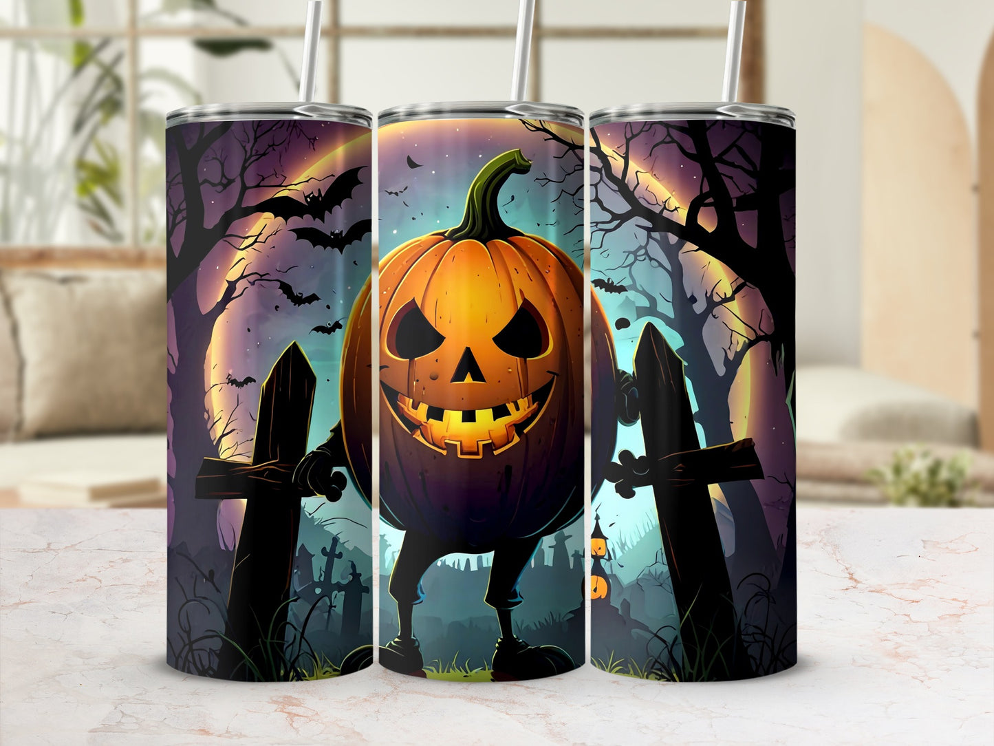 Spooky Halloween Pumpkin and Bats Tumbler Cup